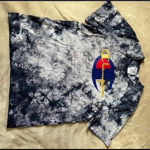 Large Champion Graphic T-Shirt, Navy tie-dye with red and gold logo